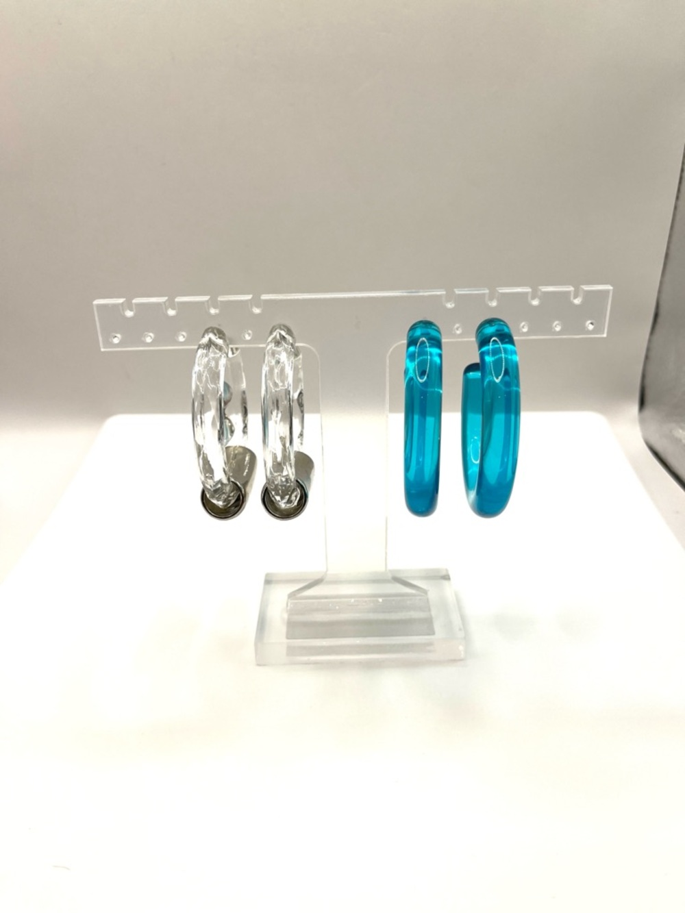 Lucite Earrings Hoop Clear and Teal Lucite Earrings Set of 2 Chunky Contemporary